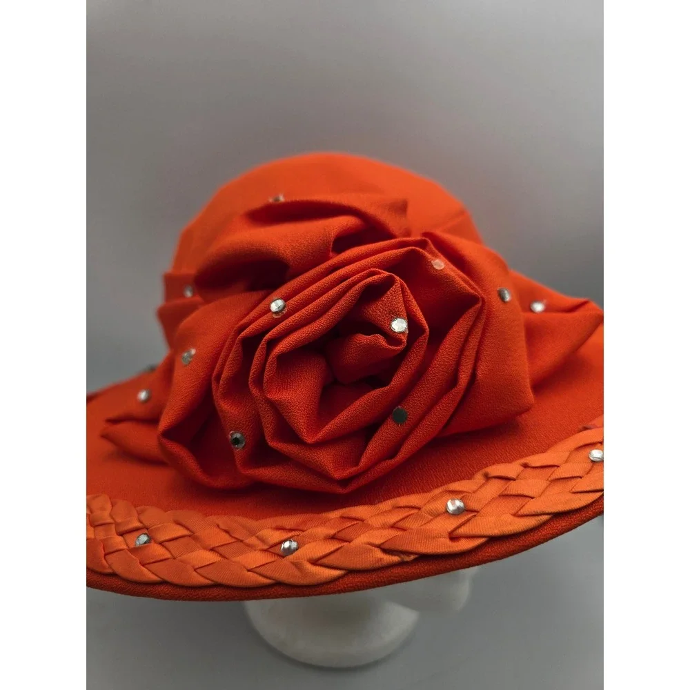 Unbranded Wide Brim Dress Hat Women Orange Good Floral Rhinestone Kentucky Derby